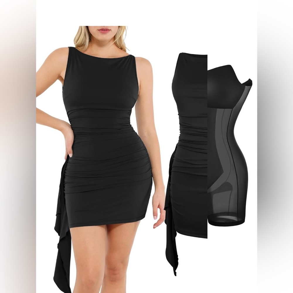 Popilush Cocktail Built in Shapewear Vacation Boat Neck Ruched Bodycon Dress